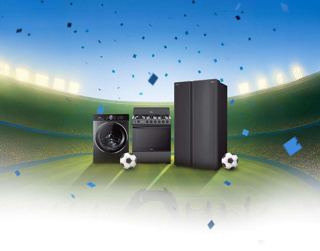 Promoción Super Midea Season: fondo con temática de fútbol y electrodomésticos Midea en México